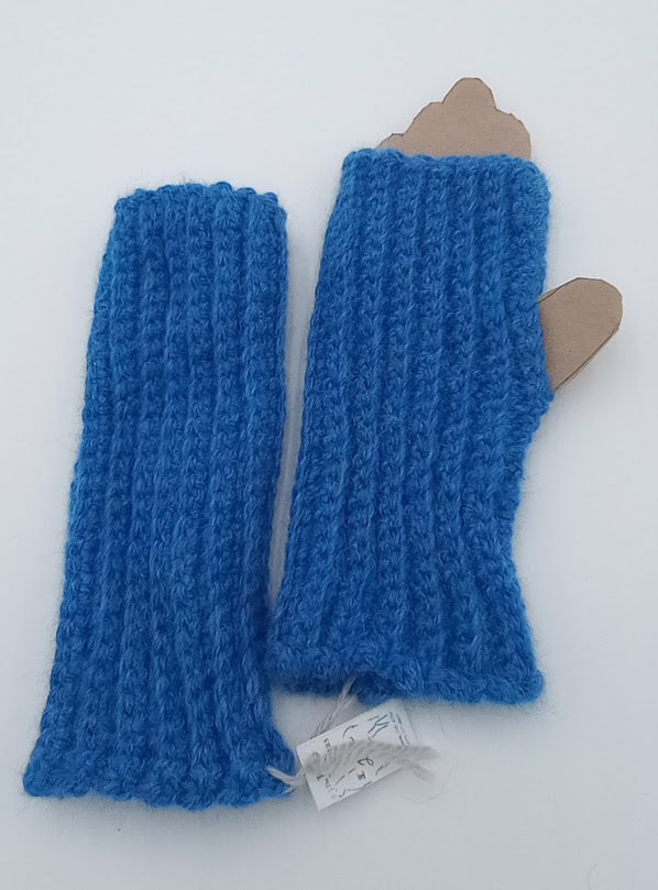 Blue hand crocheted 100% alpaca fingerless mittens