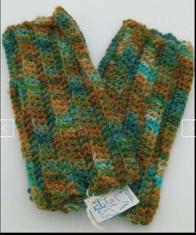 Hand-Crocheted Fingerless Gloves | Green & Gold | Llama Mohair Blend | The Joy of Llamas