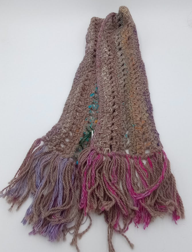Hand Crocheted Llama Scarf by The Joy of Llamas – Tan with Rainbow Color Burst