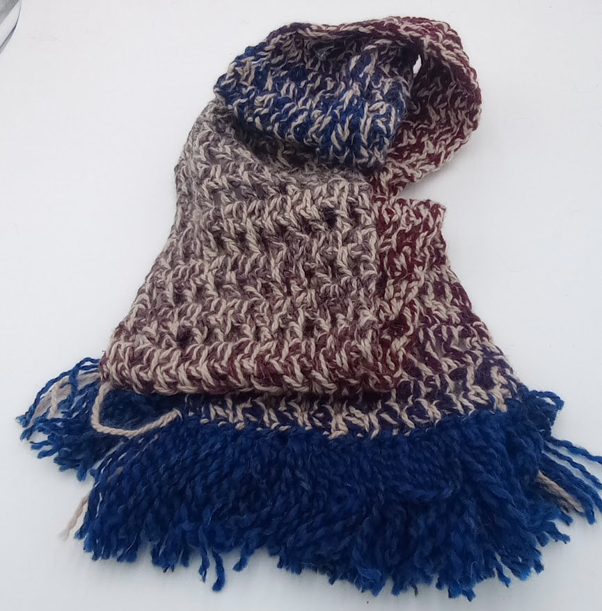 Hand Crocheted Millspun Alpaca Scarf by The Joy of Llamas – Beige, Blue, Mauve & Indigo